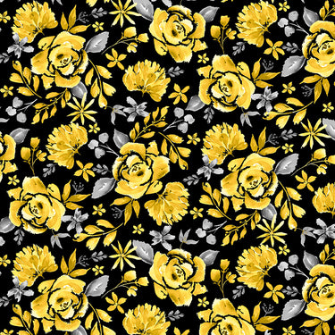 Misty Morning - Cabbage Rose Black Yellow