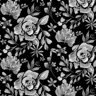 Misty Morning - Cabbage Rose Black Gray