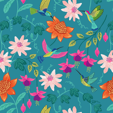 Hibiscus Hummingbird - Hummingbird Floral On Tropical Blue