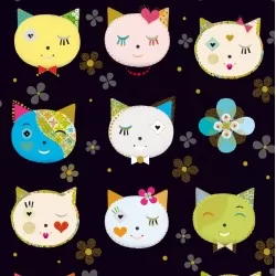Kitty Cats - Kitty Cat Heads And Flowers Black